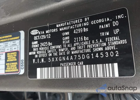 2013 Kia Optima Ex from USA, damaged, VIN 5XXGN4A75DG145302